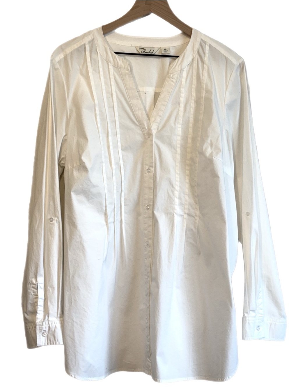 Pintuck Pleated Cotton Stretch V-Neck Roll Tab Button-Down Shirt White XL Staple